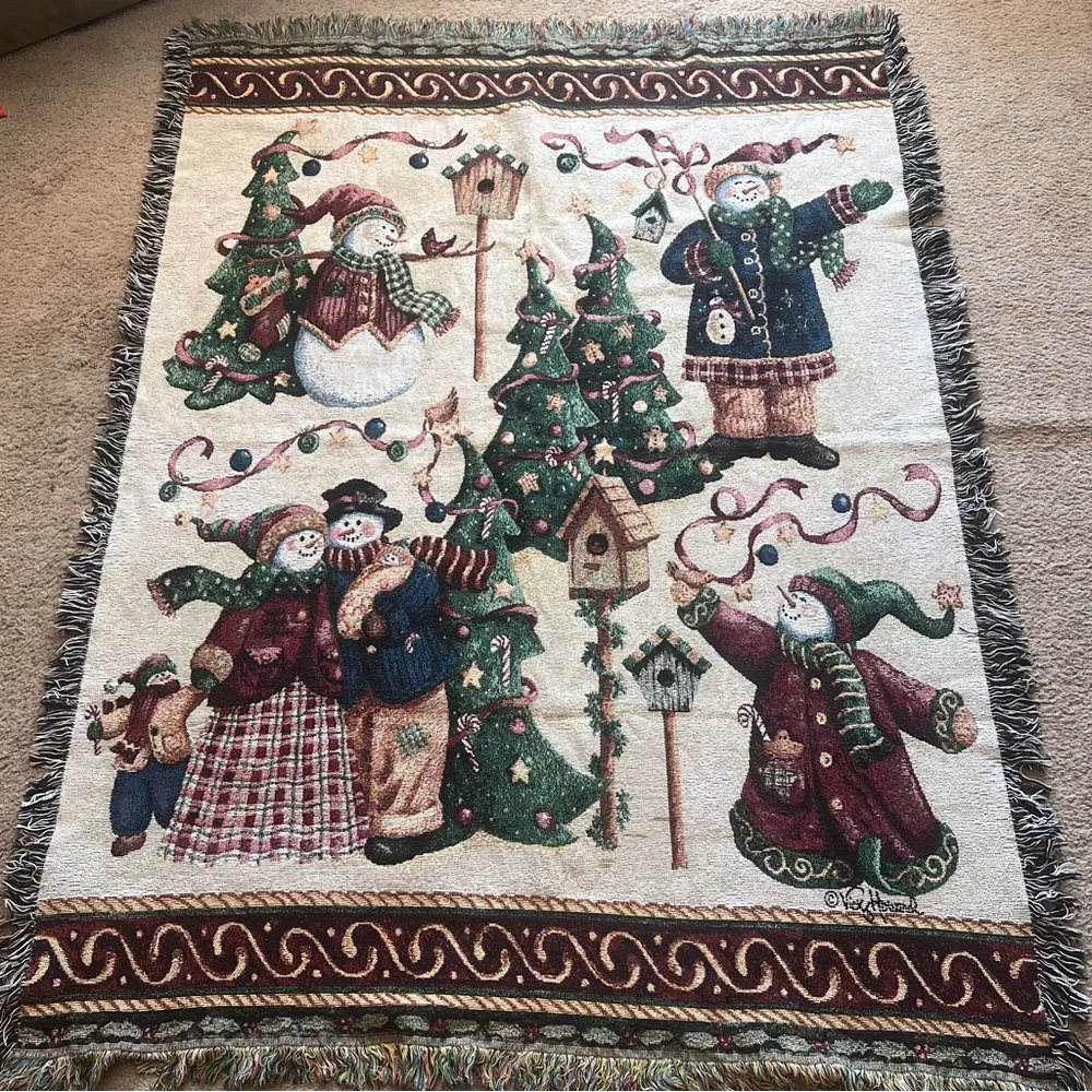VTG Vicky Howard Snowman Tapestry Throw Christmas Holiday Winter 48x66”
